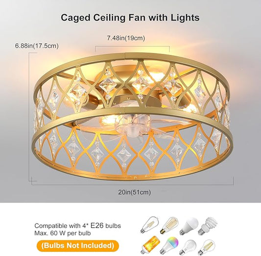 Garwarm Caged Ceiling Fan with Light,20" Ceiling Fans with Lights and Remote,Bladeless Fandelier Small Low Profile Ceiling Fan Light Fixture for Bedroom,Kitchen,Dining Room,Gold