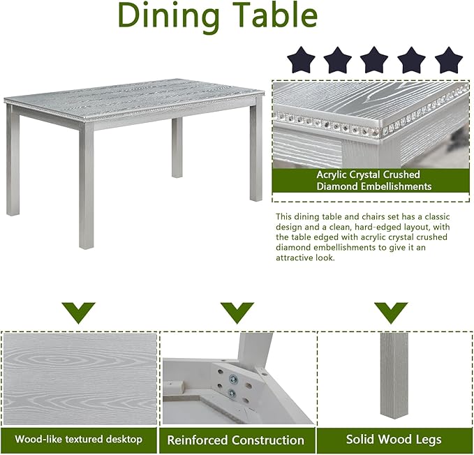 6 Piece Wooden Dining Table Set, Rectangular Dining Table with 4 Upholstered Chairs and 1 Bench, Elegant Dining Table Set with Crystal Decoration for Kitchen, Dining Room, Silver Grey