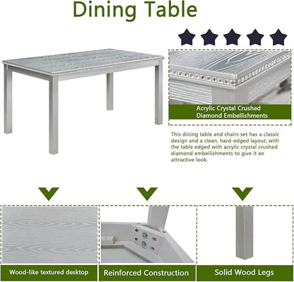6 Piece Wooden Dining Table Set, Rectangular Dining Table with 4 Upholstered Chairs and 1 Bench, Elegant Dining Table Set with Crystal Decoration for Kitchen, Dining Room, Silver Grey