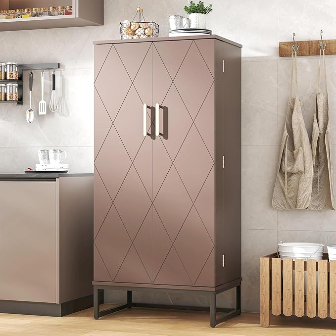 kepptory 51” Kitchen Pantry Storage Cabinet, White Freestanding Pantry Cabinets with Doors and Adjustable Shelves, Buffet Cupboards Storage Cabinet for Home Office Use, Dinning Room(Brown)