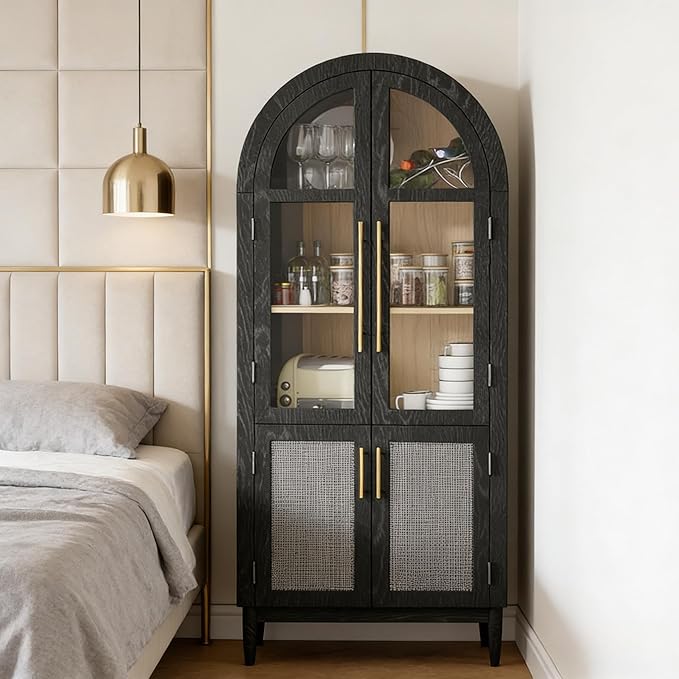 71”Arched Storage Cabinet with Glass & Rattan Door 5-Tier Farmhouse Kitchen Arch Cabinets with Adjustable Feet for Living Room, Black
