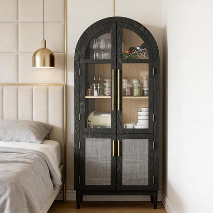 71”Arched Storage Cabinet with Glass & Rattan Door 5-Tier Farmhouse Kitchen Arch Cabinets with Adjustable Feet for Living Room, Black