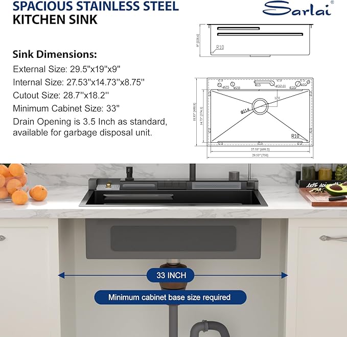 Sarlai Waterfall Kitchen Sink - 30 Inch Drop In Workstation Sink With Waterfall Black Stainless Steel 16 Gauge Multifunction Single Bowl Smart Top Mount Kitchen Sinks with Mechanical Keys 30x19 Inch