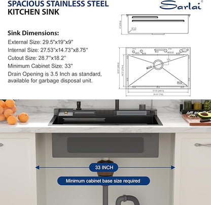 Sarlai Waterfall Kitchen Sink - 30 Inch Drop In Workstation Sink With Waterfall Black Stainless Steel 16 Gauge Multifunction Single Bowl Smart Top Mount Kitchen Sinks with Mechanical Keys 30x19 Inch