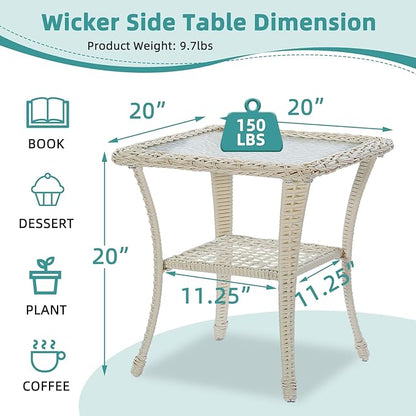 MEETWARM Wicker Outdoor Side Table, All-Weather Patio Rattan Side Table with Tempered Glass Top and Storage Shelf, Small Patio End Table for Outside Indoor Outdoor Balcony Porch Deck, Cream White