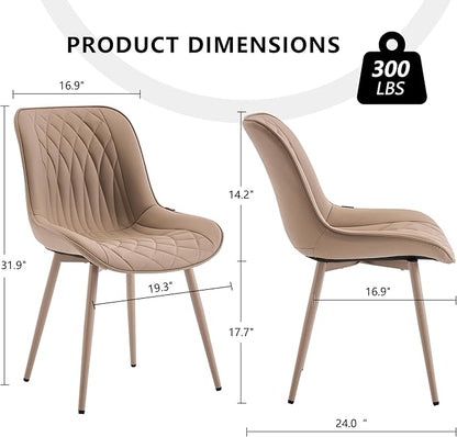 YOUNIKE Faux Leather Dining Chairs Set of 2 Mid-Century Modern High Padded Back Comfy Upholstered Kitchen Chairs with Metal Legs Wide Seat Accent Side Chair for Dining/Living/Waiting Room Khaki