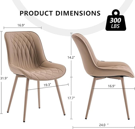 YOUNIKE Faux Leather Dining Chairs Set of 2 Mid-Century Modern High Padded Back Comfy Upholstered Kitchen Chairs with Metal Legs Wide Seat Accent Side Chair for Dining/Living/Waiting Room Khaki