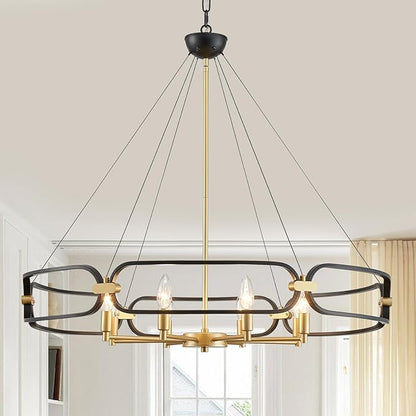 XINGQI 31" Large 8-Light Black and Gold Industrial Chandeliers for Dining Room Round Farmhouse Kitchen Pendant Light Fixture for Entryway Living Room Bedroom Foyer