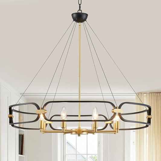 XINGQI 31" Large 8-Light Black and Gold Industrial Chandeliers for Dining Room Round Farmhouse Kitchen Pendant Light Fixture for Entryway Living Room Bedroom Foyer