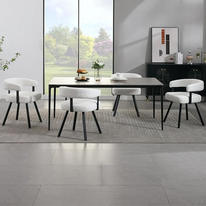 Modern Barrel Dining Chairs Set of 2, White Chenille Upholstered Dining Room Chairs with Arms, Comfy Kitchen Chairs with Black Metal Legs for Dinner Living Room
