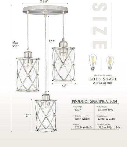 Brushed Nickel Dining Room Chandelier Light Fixture, 3-Light Pendant Lighting with Clear Glass, Modern Kitchen Island Cluster Hanging Pendant Lights for Sink, CH9176BN3