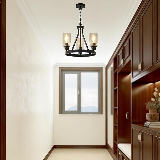 Bronze Chandelier,Farmhouse Chandelier Lighting Round 3 Lights with Glass Shade Ceiling Hanging Vintage Rustic Light Fixture for Dining Room Living Room Foyer Porch Kitchen Island