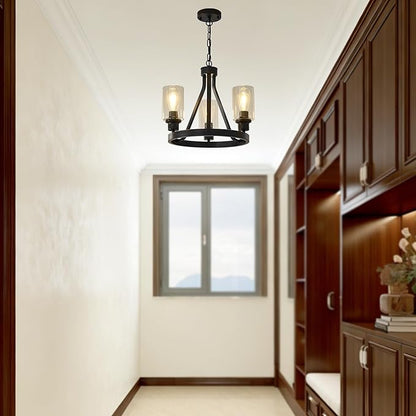 Bronze Chandelier,Farmhouse Chandelier Lighting Round 3 Lights with Glass Shade Ceiling Hanging Vintage Rustic Light Fixture for Dining Room Living Room Foyer Porch Kitchen Island