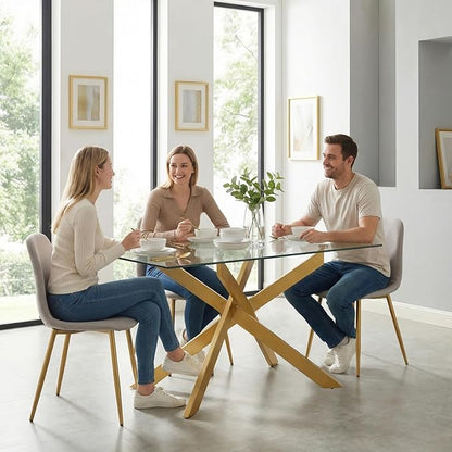Edwin's Choice 58.5” Rectangle Glass Dining Table, Tempered Glass Table Top and Metal Tubular Legs, Modern Style Table for Home, Kitchen, Dining Room 58.5”Lx29”Wx30”H, Gold