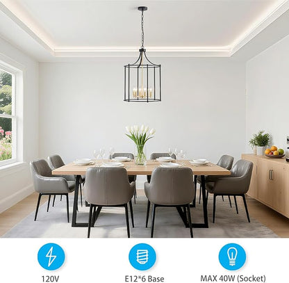 XINGQI 17.7" Lantern Pendant Light Modern Geometric Hanging Chandelier Black and Gold 6 Lights Adjustable Height Cage Pendant Lighting Fixture for Dining Room Living Room Kitchen Entryway Hallway