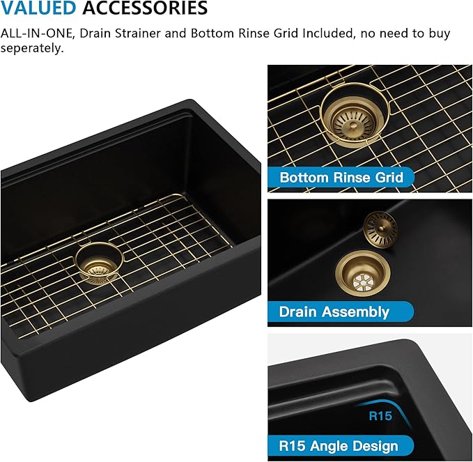 28 Granite Composite Kitchen Sink - Fulorni 28"x19" Granite Kitchen Sink Black Undermount Ledge Workstation Quartz Classic Matte Black Luxury Under Counter Single Bowl Basin