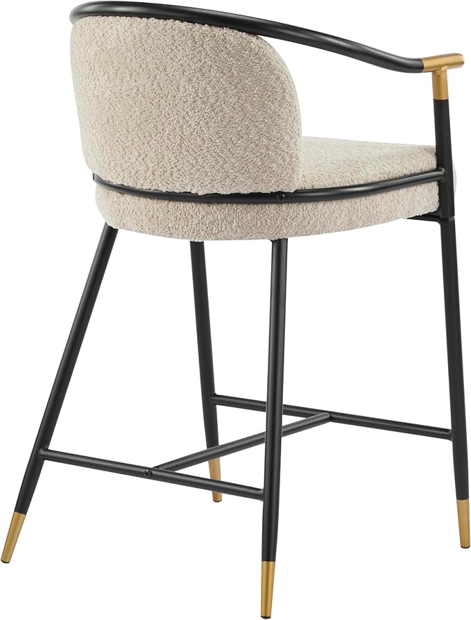 Set of 2 Upholstered Counter Stools - 26" Seat Height Almond Boucle Stools with Sturdy Iron Frame, Gold Trim+Black Base, Contemporary Design for Kitchen Island/Home Bar/Dining Area