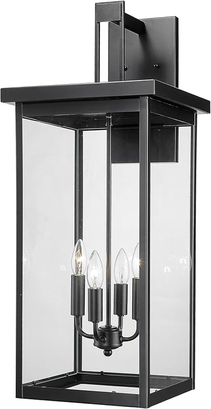 ML Lighting | Barkeley Collection | 42606-PBK | 30" Modern Four Bulb Outdoor Steel X-Large Wall Sconce | Anti-Rust Powder Coat Black with Clear Glass Shade | Exterior Ambient Light for Safety