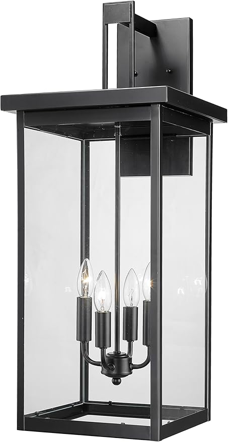 ML Lighting | Barkeley Collection | 42606-PBK | 30" Modern Four Bulb Outdoor Steel X-Large Wall Sconce | Anti-Rust Powder Coat Black with Clear Glass Shade | Exterior Ambient Light for Safety