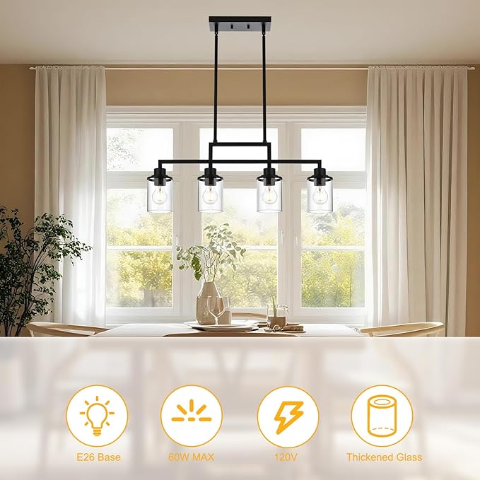 Yaohong Kitchen Island Lighting, 4-Light Farmhouse Dining Room Light Fisture Linear Chandelier Pendant Lighting with Clear Glas Shade, Matte Black Ceiling Pendant Light Fixtures for Dining Table