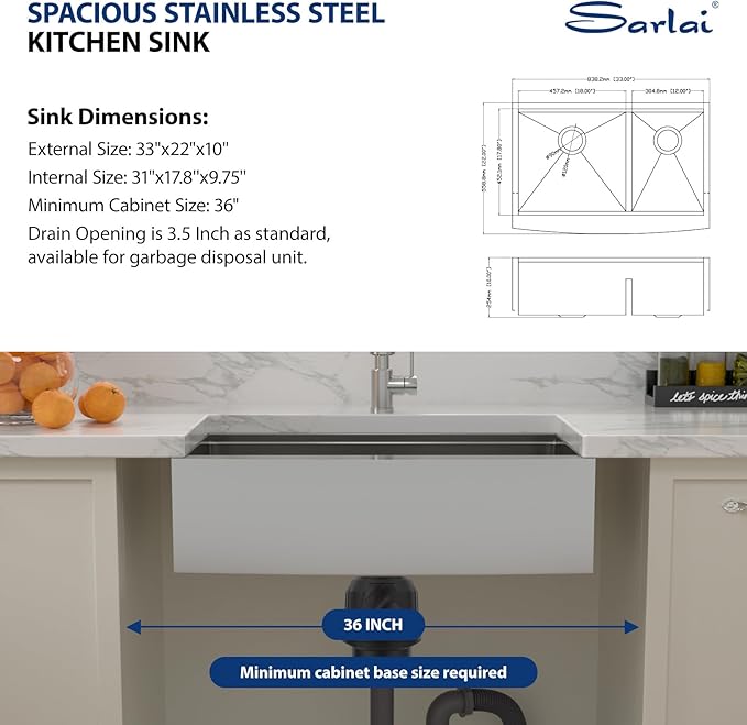 Sarlai 33 Farmhouse Sink Double Bowl - 33x22 Inch Farmhouse Kitchen Sink Apron Front Ledge Workstation Low Divide Double Bowl 60/40 16 Gauge Stainless Steel Farm Farmer Sinks Basin