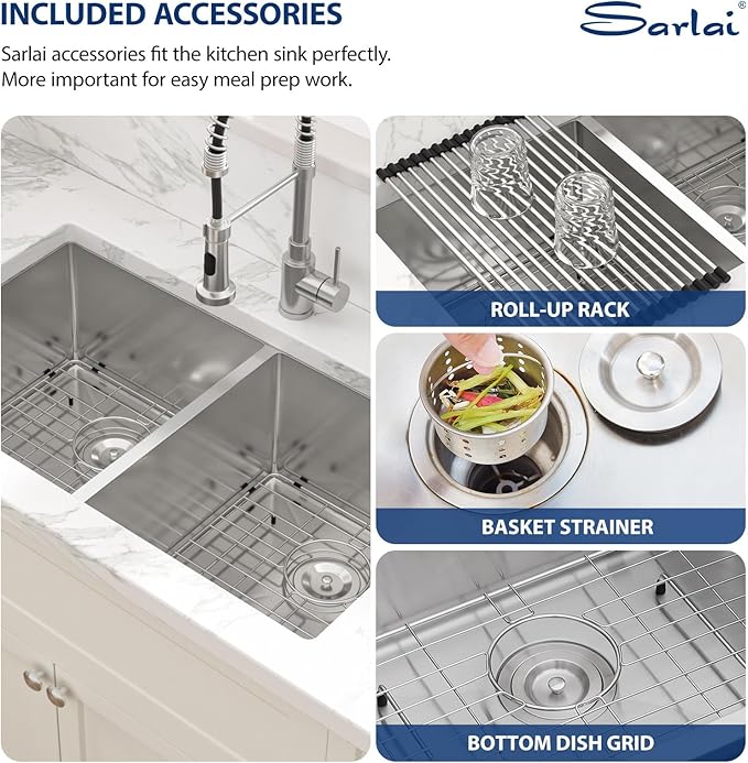 Sarlai 33 Undermount Sink Double Bowl - 33x19 Kitchen Sink Undermount Stainless Steel 16 Gauge Round Corner Double Bowl 50/50 Sink Basin