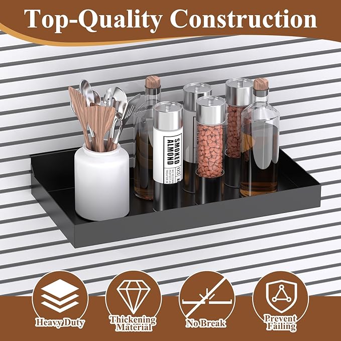 2 Pcs 16X8 Inch Slatwall Shelves, Heavy Duty Slatwall Baskets, Metal Slat Wall Shelves Accessories, Metal Retail Display for Storage and Organization, Black