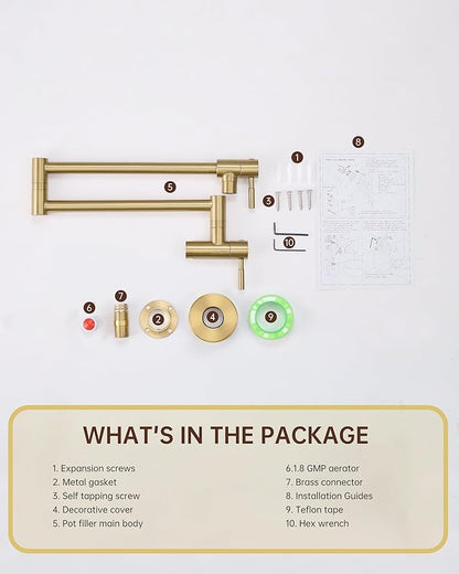 Fransiton Brushed Gold Pot Filler, Pot Filler Faucet Wall Mount, Brass Folding Stretchable with Double Joint Swing Arm Single Hole Two Handles Kitchen Restaurant