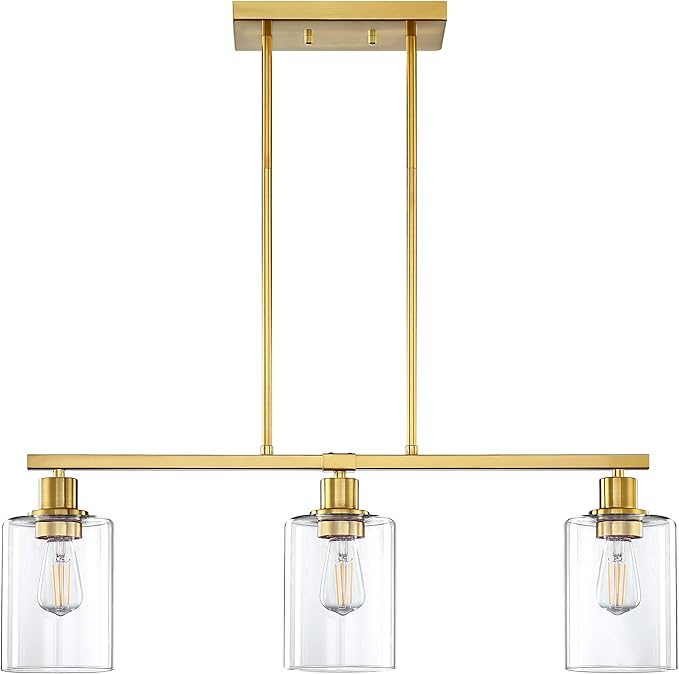 Doraimi Lighting 3 Light Modern Indoor Hanging Kitchen Island Light Gold Finish Clear Glass Chandelier Shade for Bar Dining Room Kitchen Island Over Sink
