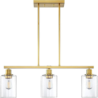 Doraimi Lighting 3 Light Modern Indoor Hanging Kitchen Island Light Gold Finish Clear Glass Chandelier Shade for Bar Dining Room Kitchen Island Over Sink