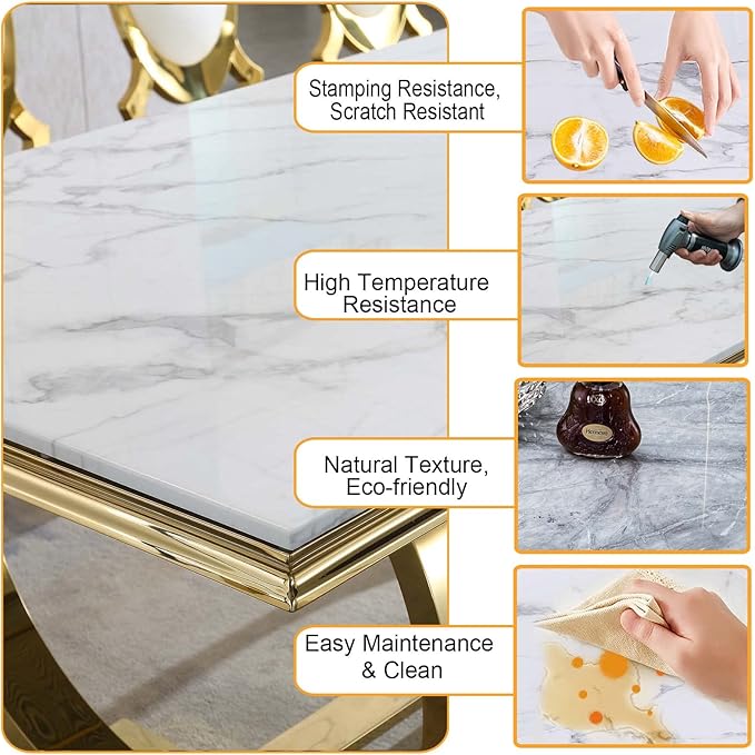 68" White Gold Marble Dining Table, Modern Kitchen Table with 0.79" Faux Marble Tabletop and Mirrored Stainless Steel Frame, Luxurious Rectangular Dining Room Table for Kitchen(No Chairs)