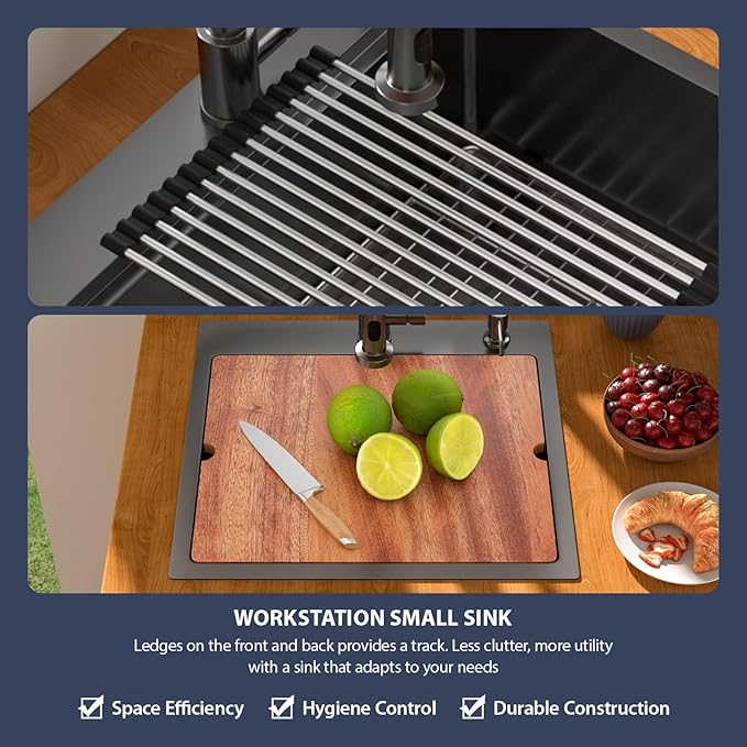 21 Inch Drop In RV Bar Sink - Beslend 21x20 Gunmetal Black Topmount Sink for RV Camper, Black Stainless Steel Wet Bar Workstation with Cutting Board, Roll-up Rack, Drain Assembly & Rinse Grid