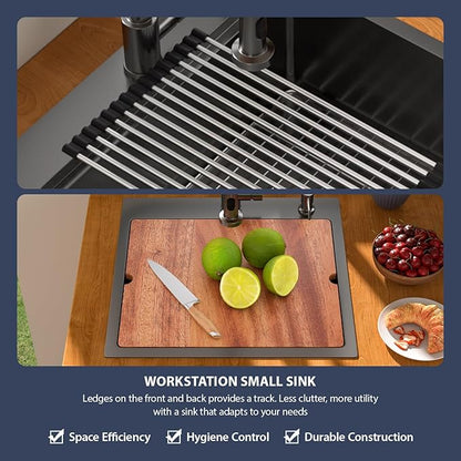 21 Inch Drop In RV Bar Sink - Beslend 21x20 Gunmetal Black Topmount Sink for RV Camper, Black Stainless Steel Wet Bar Workstation with Cutting Board, Roll-up Rack, Drain Assembly & Rinse Grid
