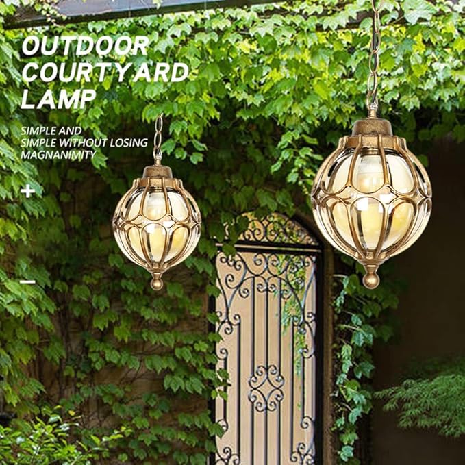 Outdoor Pendant Light Fixtures for Porch, Waterproof Exterior Lantern Glass Vintage Hanging Ceiling Light Retro Aluminum Outside Chandelier for Porch Patio Entryway Farmhouse (22cm/8.7",Gold)