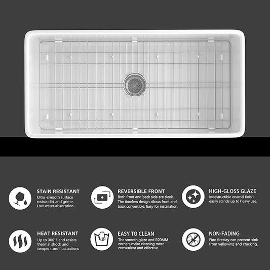 Miuara Farmhouse Sink 36 Inch - Extra Large Apron Front Kitchen Sink Reversible 36"x18"x10", Undermount Installation, Farm House ﻿Style Single Bowl, Solid Fireclay, Glossy White, for Kitchen