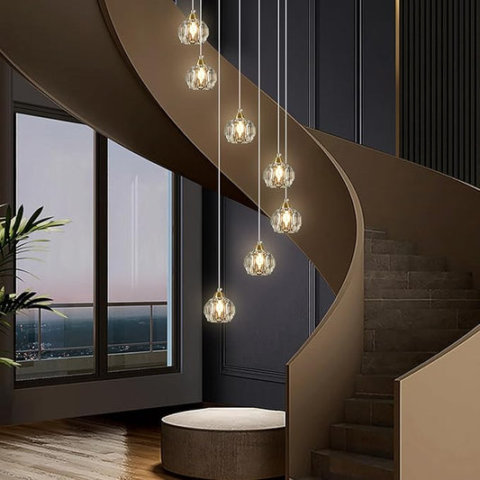 Weesalife Crystal Chandeliers for Staircases, 7-Light Gold Modern Chandeliers for High Ceilings，Crystal Pendant Light Fixture for Living Room Kitchen Island Foyer Hallway Bar