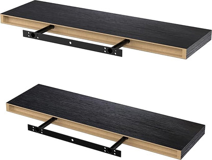 Lufia Floating Wall Shelves, Set of 2, MDF with Invisible Brackets, Modern Storage for Bedroom, Bathroom, Living Room, Kitchen (Black, 24" W x 7" D x 1.5" H)