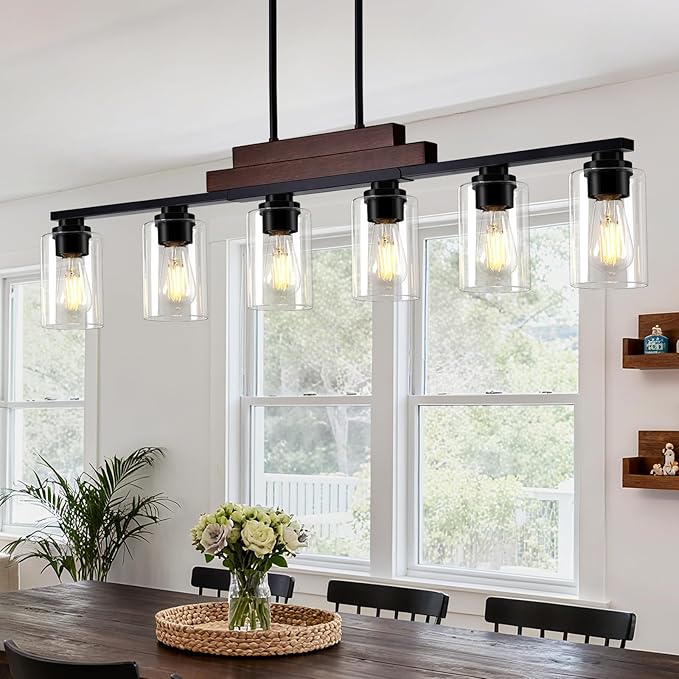 Farmhouse Dining Room Light Fixture Over Table, 6-Light Linear Chandeliers for Dining Room Hanging, Black Pendant Lights Kitchen Island Lighting, Wood Ceiling Light Fixture with Clear Glass Shade