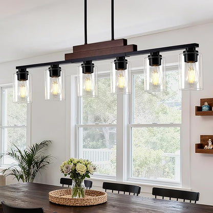 Farmhouse Dining Room Light Fixture Over Table, 6-Light Linear Chandeliers for Dining Room Hanging, Black Pendant Lights Kitchen Island Lighting, Wood Ceiling Light Fixture with Clear Glass Shade