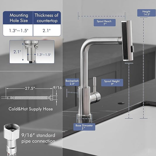 GIMILI Kitchen Faucet with Pull Down Sprayer Brushed Nickel Waterfall Modern Kitchen Sink Faucet