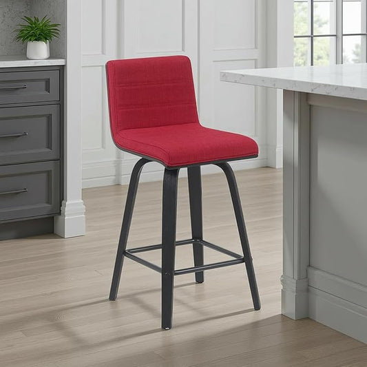 Armen Living Vienna Modern Swivel 26" Counter Height Barstool with Red Fabric Upholstered Seat and Black Wood Finish