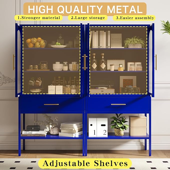 ALBAD 63 Inch Tall Metal Pantry/Display/Storage Cabinet with Fluted Glass Doors and Drawer & Adjustable Shelf for Modern Home Office Living Room Kitchen Blue