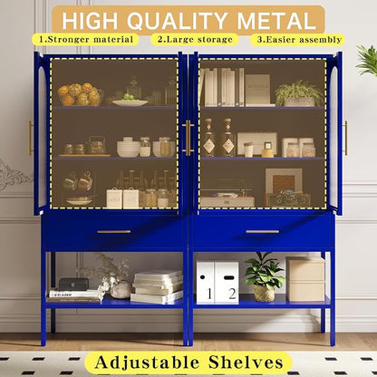 ALBAD 63 Inch Tall Metal Pantry/Display/Storage Cabinet with Fluted Glass Doors and Drawer & Adjustable Shelf for Modern Home Office Living Room Kitchen Blue