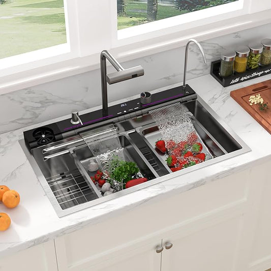 Sarlai Waterfall Kitchen Sink 33 Inch - Drop In Kitchen Sink 33x19 Inch Workstation Waterfall Smart Sinks Single Bowl 16 Gauge Stainless Steel Multifunction Topmount Sinks Basin with Faucet Combo