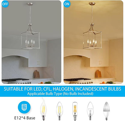 XINGQI Farmhouse Brushed Nickel Chandeliers for Dining Room, Geometric 4 Light Hanging Lantern Pendant Light Fixture for Staircase Foyer Kitchen Island Dinning Room Living Room