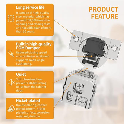 Chibery 60 Pack 1-3/8" Overlay 4D Soft Close Concealed Hinges for Face Frame Door, Adjustable Closing Speed, Smooth Slow Self Close Hinges, Satin Nickel, 105° Open Angle Stainless Steel Cabinet Hinges