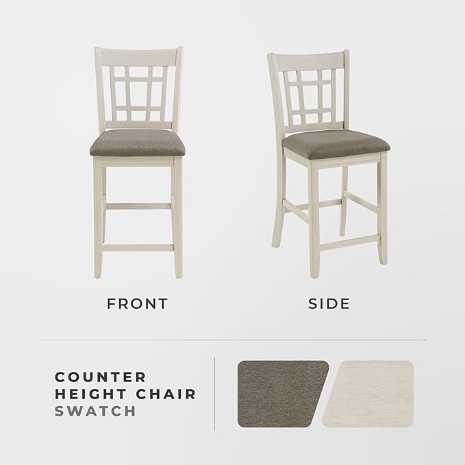 Lexicon Dante Counter Height Chair (Set of 2), Wood Frame Kitchen Island Chair with Upholstered Fabric Seat and Lattice Back Design, Easy Assembly, Antique White