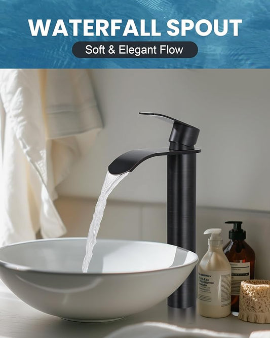 Vessel Sink Faucet Oil Rubbed Bronze：WOWOW Single Handle Tall Bathroom Faucet - Waterfall Single Hole Mixer Bar Tap with Large Rectangular Spout, Deck Mount Lavatory Vanity with Pop Up Drain