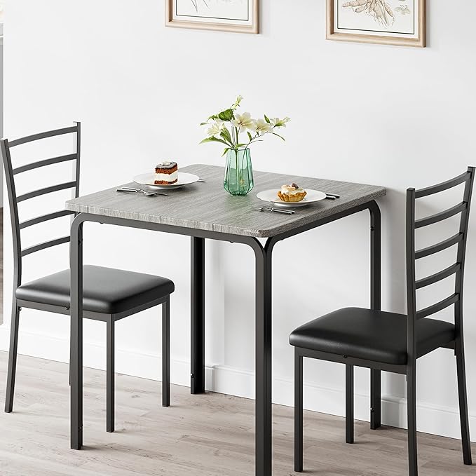 IDEALHOUSE 3-Piece Kitchen Dining Room Table Chair Set for Small Space, Indoor Modern Dinette Set for 2, Square Dinner Table Set for Dinette, Breakfast (Grey)