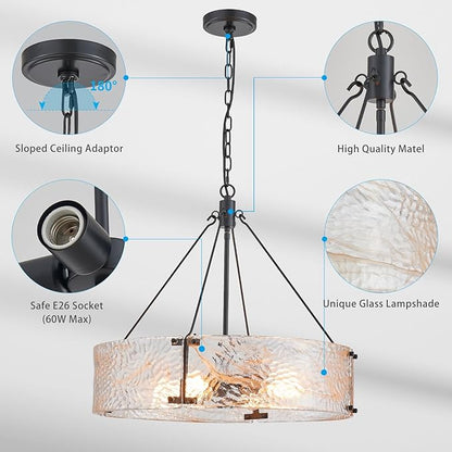 XINGQI Black Glass Chandeliers Modern 4-Light Farmhouse Pendant Lighting Fixtures Elegant Round Chandeliers for Dining Room Kitchen Island Living Room Entryway